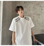 WIAOFELLAS  -  Stylish Men's T-shirts Metal Buckle Patchwork Round Collar Solid Color Niche Tops Short Sleeved Loose Male Tees