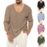 Wiaofellas  -  Autumn And Winter New Men's Solid Color V-Neck Long-Sleeved Sweater Fashion Trend Simple Casual Loose Breathable Men's Tops