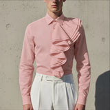 WIAOFELLAS  -  Men Shirt Solid Ruffle Lapel Long Sleeve Male Tops Streetwear Spring Shirts Fashion 2026 Elegant Men Clothing Camisas