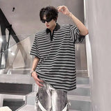 WIAOFELLAS  -  Trendy Men's Striped Contrast Color Shoulder Pads Loose T-shirts Fashion Casual Short Sleeves Lapel Tops Male Summer