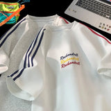 WIAOFELLAS  -  New Embroidery T-shirt Rainbow Coloured Letters T-shirt Fashion Striped Collision Summer Short-sleeved Tops Street Couple Tee