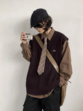 WIAOFELLAS  -  Men Autumn Winter Retro O-neck Knitted Vest Men's Oversize Loose Pullover Waistcoat Male Solid Sweater Sleeveless Tops K460