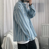 Wiaofellas   -  Oversized Men's Shirt Autumn New Striped Denim Shirt Korean Trend Handsome Loose Hole Long Sleeve Tops Vintage 2Y2321