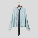 Wiaofellas  -  Men Shirt Lace Patchwork Long Sleeve Stand Collar Men Clothing Tops With Belt Streetwear Fashion Casual Male Shirts