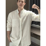 WIAOFELLAS  -  100% Cotton Men's Linen-Textured Long Sleeve Shirt – Breathable Classic Fit for Casual Minimalist Style Loose and Casual.