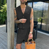 WIAOFELLAS  -  Summer Fashion Loose Men Suits Sleeveless V-neck Shirt And High Waist Wide Leg Shorts Two Piece Set Casual Vest Outfits Tank Top