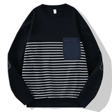 Wiaofellas  -  Spring Autumn New Men's Round Neck Long-sleeved Sweatshirt Fashionable Trendy Striped Splicing Versatile Korean Top