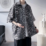 Wiaofellas  -  Brown/Gray Leopard Printed Shirt Men Loose Breathable Men's Shirts Summer Male Shirt High Street Casual Short Sleeve Tops