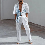 WIAOFELLAS  -  New Spring/Summer Fashion Shirt Set Men's 3D Printed Collar Short Sleeve Casual Solid Color Set Hawaiian Shirt Holiday Men's Set