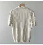WIAOFELLAS  -  Fashion Solid Color Ribbed Knit Polo Shirt Men Slim Fit Short Sleeve Tops Tee  Summer Temperament Youth Polos Tshirts Clothing