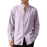 Wiaofellas  -  Spring and Autumn New Style Shirt Long Sleeve Men's Casual Retro Lapel French Henry Collar Single Breasted T-shirt