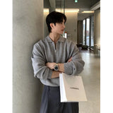 WIAOFELLAS  -  Black Lapel Sweater Men Warm Zipper Knitted Pullover Men Streetwear Korean Loose Long Sleeved Sweater Mens Jumper Clothes