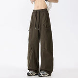WIAOFELLAS  -  Simple Men's Cargo Pants Zipper Patchwork Elastic Waist Wide Leg Bottom Straight Drawstring Loose Male Trousers 24K4252