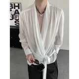 Wiaofellas  -  New Chinese Style Men's Clothing Solid Color Shirts Organza Male Casual Clothing V-neck Belt Long Sleeve Summer Trend