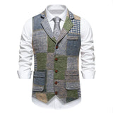 Wiaofellas  -  Vintae Sleeveless Vests Mens Fall Winter Outdoor Patchwork  V Collar Camisoles Daily Casual Contrast Color Tank Tops Men