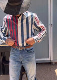 Wiaofellas  -  Men's Retro Western Striped Shirt Casual Short Sleeve Button-Up Cowboy Style Shirt