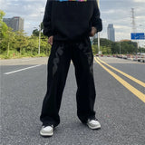 Wiaofellas  -  High Street Jeans Patch Letter Print Jeans Straight Leg Jeans Men's American Jeans Street Loose Wide Leg Pants