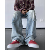 Wiaofellas  -  Men Ripped Holes Cargo jeans Fashion Burrs Vintage Blue Streetwear Casual Denim Pants Unisex Hip Hop Patchwork Jean Pants