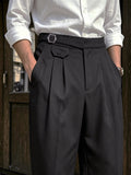 Wiaofellas  -  Men SS Neapolitan Style Solid Woven High Waist Loose Straight Suit Trousers Elegant Daily Commuter Formal Business Pants