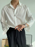 Wiaofellas  -  Spring Senior Lake Blue Shirts Men Long Sleeve Luxury Chiffon Casual Korean Fashion Loose Drape Ice Silk Button Up Shirt Blouse