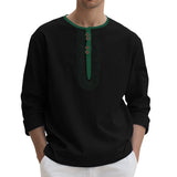 WIAOFELLAS  -  95% Linen Shirt Mens Patchwork Henry Collar Long Sleeved Pullover Top Spring Autumn Casual loose sports shirts Tee Streetwear