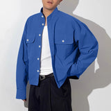 WIAOFELLAS  -  Men Shirt Solid Color Stand Collar Long Sleeve Button Men Clothing Streetwear Fashion Loose Casual Tops Male Shirts