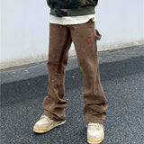 Wiaofellas  -  Kanye Graffiti Ink Painted Flared Jeans Cargo Y2K Pants Men Clothing Brown Straight Hip Hop Long Trousers Pantalones Hombre
