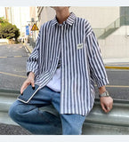 WIAOFELLAS -  Summe Men Stripe Shirts Women Half Sleeve Oversized Blouses Casual Loose Shirts for Students Korean Fashion Clothing