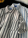 WIAOFELLAS  -  Striped Shirt for Men Cotton Short Sleeves Button Blouses Casual Turn-down Collar Shirt Summer Streetwear Overshirts Tops A130