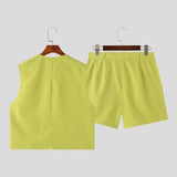 WIAOFELLAS  -  Summer Fashion Loose Men Suits Sleeveless V-neck Shirt And High Waist Wide Leg Shorts Two Piece Set Casual Vest Outfits Tank Top