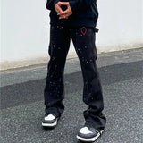 Wiaofellas  -  Kanye Graffiti Ink Painted Flared Jeans Cargo Y2K Pants Men Clothing Brown Straight Hip Hop Long Trousers Pantalones Hombre
