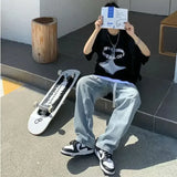 WIAOFELLAS  -  Spring Autumn Baggy Jeans Men Streetwear Hip-hop Letters Embroidery Denim Loose Belt Trousers Retro Wide-leg Pants Jeans Print