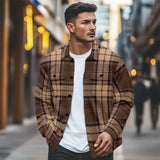 WIAOFELLAS  -  Vintage Men's Big Plaid Long Sleeve Shirt American Style Comfortable Corduroy Light Brown Trendy Classic Spring Autumn Fashion