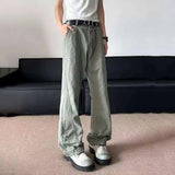 WIAOFELLAS  -  Simple Men's Casual Trousers Solid Color Washing Splicing Bottom Button Design Straight Wide Leg Loose Male Pants