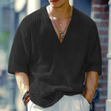 WIAOFELLAS  -  New Summer Men's Vintage Solid Ribbed T-Shirts Trendy V-Neck Knitted Loose Elasticity T-shirt Fashion Men Half Sleeve Tees