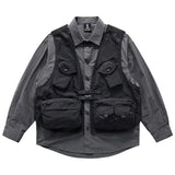 WIAOFELLAS  -  Spring Autumn Men's Fake Two piece Long Sleeve Shirt Coat Mountain Functional Jacket Multi Pocket Vest Splicing Workwear Coats