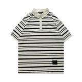 Wiaofellas  -  High-Quality Polo Shirt Vintage Striped Oversized Men's Women's Black WhiteT-shirt Summer New Pure Cotton Short Sleeve Tops
