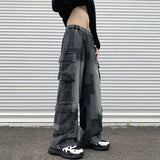WIAOFELLAS  -  Vintage Patchwork Plaid Cargo Jeans Men Women Baggy Denim Trousers Streetwear Hip Hop Multi-Pockets Safari Style Casual