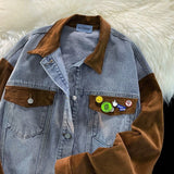 WIAOFELLAS  -  Retro Corduroy Patchwork Denim Jacket for Men and Women Loose Versatile Couple Casual Jacket Vintage Preppy Varsity Lapel Coat