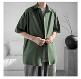 WIAOFELLAS  -  Simple Men's Shirts Turn-down Collar Ice Silk Solid Color Short Sleeved Loose Menswear Single Breasted Male Tops