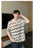 WIAOFELLAS  -  Fashion Men's Hollow Out Contrast Color Striped Casual T-shirt Trendy Loose Short Sleeves Lapel Tops Male Summer