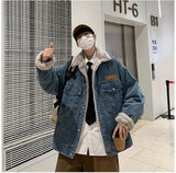 Wiaofellas  -  Autumn Winter Lamb Velvet Denim Jaet Men's Trendy Casual Japanese Sle Retro Cool American High Street Loose Fce Lined