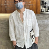 WIAOFELLAS  -  Spring Summer New Solid Color Fashion Round Neck Shirt Man High Street Three Quarter Button Cardigan Fiberflax Breathable Tops