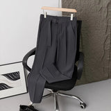Wiaofellas  -  Men Pleated Dress Pants with Belt Business Casual Non-Iron Straight Trousers Male Solid Color Ankle Length Office Work Pants