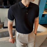 Wiaofellas  -  High Quality Striped Knitted Polo Shirt for Men Summer Short Sleeve Ice Silk Cool T-shirt Casual Business Sports Golf Tee Tops