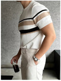 Wiaofellas  -  Contrast Color Slim Mens Short Sleeve Tops Daily Casual Striped Knitted T-shirt Summer Stylish O Neck Knit Pullover