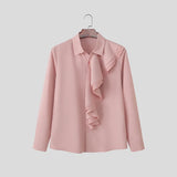 WIAOFELLAS  -  Men Shirt Solid Ruffle Lapel Long Sleeve Male Tops Streetwear Spring Shirts Fashion 2026 Elegant Men Clothing Camisas