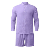 Wiaofellas  -  Men's Shorts Set Button-up Long Sleeve Shirt + Shorts Casual Beach Outfits Men Two Piece Tracksuit Fashion Streetwear