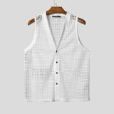 WIAOFELLAS  -  Men Tank Tops Mesh Hollow Out Solid Button Male Vests See Through Streetwear Summer 2025 Sleeveless V Neck Men Clothing