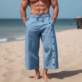 Wiaofellas  -  Men Casual Solid Color Cotton Linen Multi-Button Beach Pant Fashion Mid-Waist Loose Trouser Men Drawstring Pocket Wide-Leg Pants